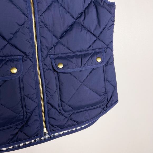 J Crew Womens Small Navy Blue Puffer Vest Quilted With Snap Pockets Gold Zipper - Picture 5 of 10